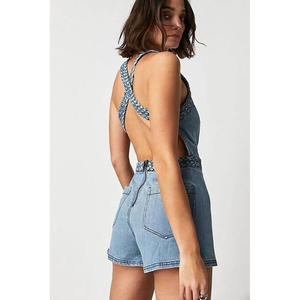 Free People Revolve Denim Romper S Open Back Retro Festival Y2K Trip Blue Karina